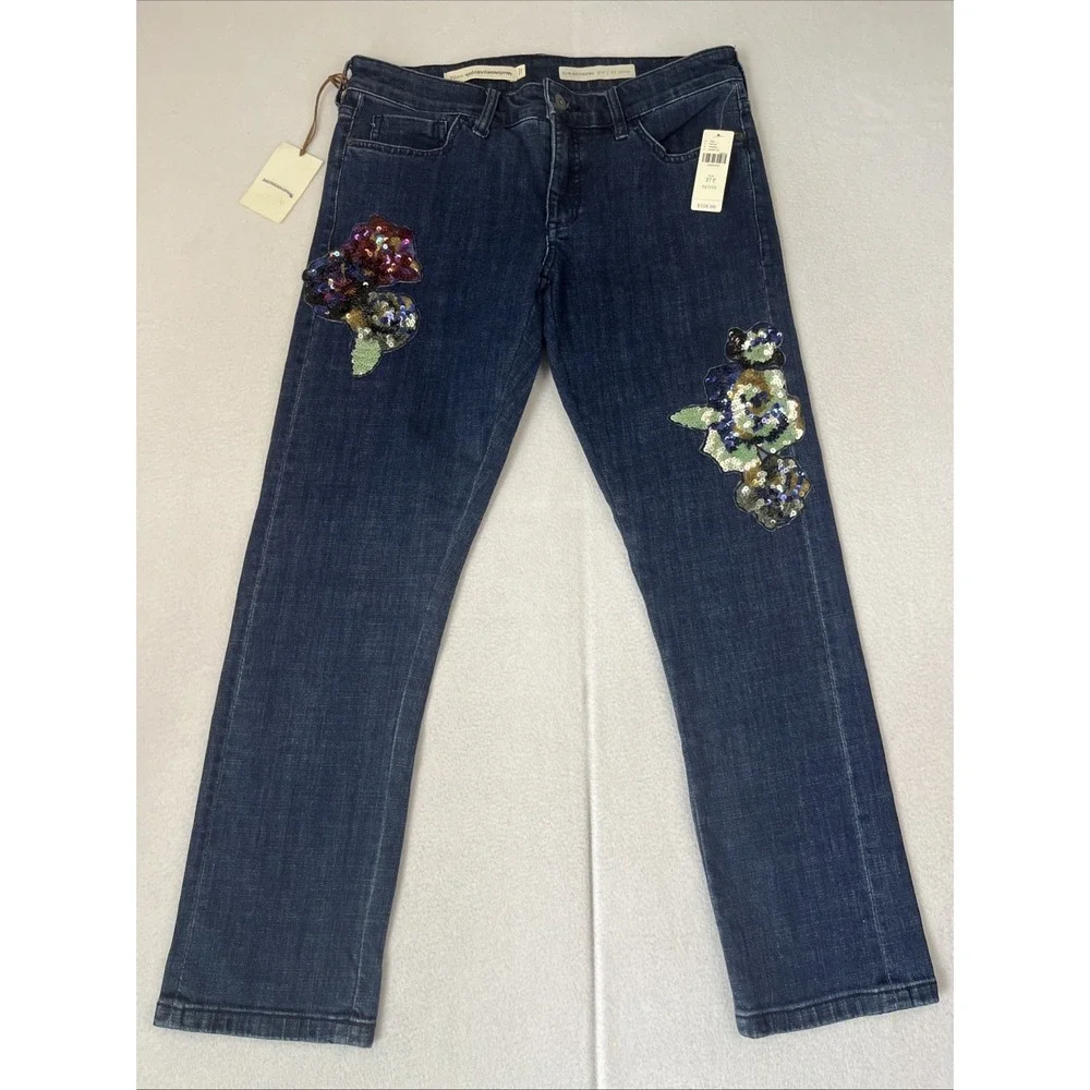 Pilcro Anthropologie Sequin Floral Slim Boyfriend Jeans Dark Wash 27P NWT